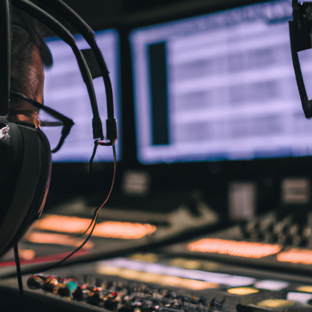Ingeniera de audio en sala de control con consola broadcast y auriculares