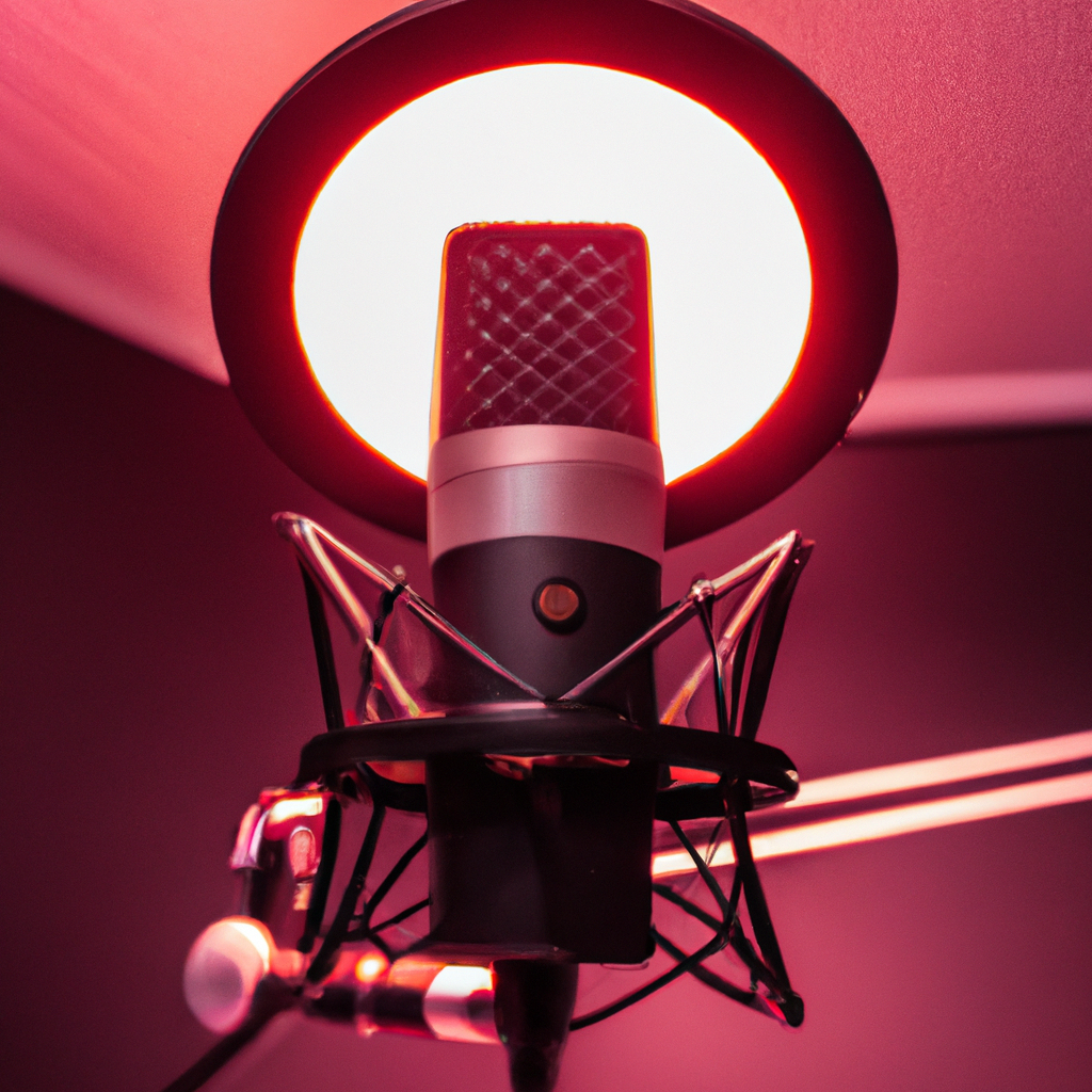 Productor de podcast en estudio con micrófonos y luz cálida